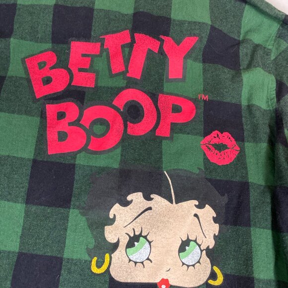 Betty Boop Green Plaid Flannel Betty Boop on Back M Cotton Green Shirt - Picture 5 of 5